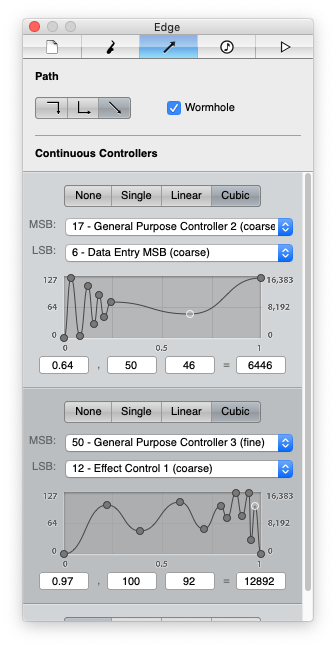 Screenshot showing the nodal edge editor with MIDI continuous controller curves.